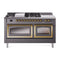 ILVE Nostalgie II Noblesse 60-Inch 5.8 Cu. Ft. Dual Oven Natural Gas Dual Fuel Range with 7 Burners, Griddle, French Top and Triple Glass Door in Matte Graphite with Brass Trim (UN60FSNMPMGG)