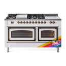 Dual fuel range with two glass-front ovens and 7 bronze control knobs, white exterior.