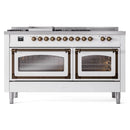 Dual fuel range with two side ovens and bronze control knobs, white cabinet, doors closed.