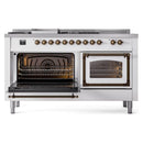 Dual fuel range with both oven doors open, heating elements and racks visible, white exterior.