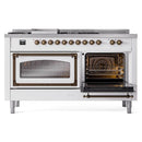 White gas range with right oven door open, showing grill-style racks and interior