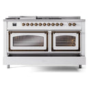 White gas range front with bronze control knobs and two oven doors with tinted glass