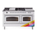 White dual-fuel range with chrome knobs, dual oven windows, and top burner grates