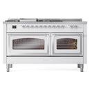 White double oven range with two glass doors and control knobs panel, chrome accents