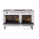 White dual-fuel range with both oven doors open, showing interior racks and burners