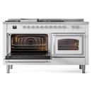 White dual-fuel range with two open oven doors and visible oven heating elements