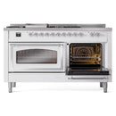 White dual-fuel range with one oven door open and the other open, showing racks