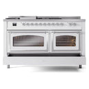 White dual-fuel range with both oven doors open and oven interiors visible