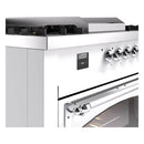 Nostalgie-style dual fuel range front with chrome control knobs and digital display, white body