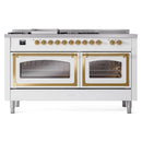 Propane dual fuel range with two oven doors and brass-trimmed control knobs