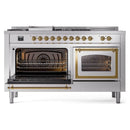 Propane dual fuel range with one open oven door and brass trims, control panel visible