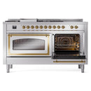 Propane dual fuel range with two oven doors open, brass-trimmed door frames