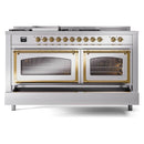 Dual fuel range front view with both ovens closed and brass door frames