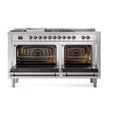 Stainless steel range with both ovens open, bronze-trimmed handles and glass doors
