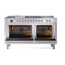 Stainless steel dual fuel gas range with both ovens open showing lit interior burners