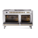 Dual fuel range front with both ovens open, showing racks and heating elements