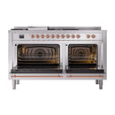 Stainless steel dual fuel range with both ovens open and copper-trim door frames