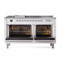 ILVE dual fuel gas range doors open, dual oven interiors with racks and elements
