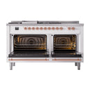 White dual fuel range with both ovens open, showing racks and copper gas lines