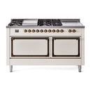Antique white gas range with bronze trim, 7 burners, and dual oven doors