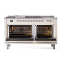 Antique white dual fuel range with open oven doors, showing two lit oven interiors