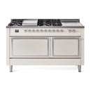 Antique white gas dual-fuel range with chrome-trim control panel and two oven doors