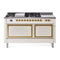 ILVE Nostalgie II Noblesse 60-Inch 5.8 Cu. Ft. Dual Oven Natural Gas Dual Fuel Range with 7 Burners, Griddle, French Top and Solid Door in Antique White with Brass Trim (UN60FSQNMPAWG)