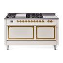 Antique white dual fuel range with brass-trim controls, gas burner grates, and two oven doors
