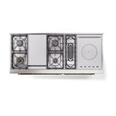 Antique white cooktop section with burner grates and circular control layout
