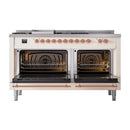 Antique white dual fuel range with open oven doors, visible racks and burner controls