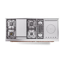 Antique white dual fuel range interior view with four cooktop burners and French-top panel