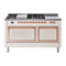 ILVE Nostalgie II Noblesse 60-Inch 5.8 Cu. Ft. Dual Oven Propane Gas Dual Fuel Range with 7 Burners, Griddle, French Top and Solid Door in Antique White with Copper Trim (UN60FSQNMPAWPLP)