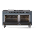 Dual fuel range with two open ovens showing racks and bake broil interiors
