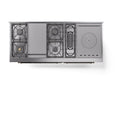 ILVE dual-fuel range underside view with burner grates and sealed cooktop modules
