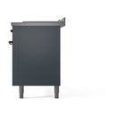 ILVE blue grey dual-fuel range back view with rear knobs and legs