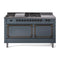 ILVE Nostalgie II Noblesse 60-Inch 5.8 Cu. Ft. Dual Oven Propane Gas Dual Fuel Range with 7 Burners, Griddle, French Top and Solid Door in Blue Grey with Burnished Bronze Trim (UN60FSQNMPBGBLP)