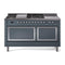 ILVE Nostalgie II Noblesse 60-Inch 5.8 Cu. Ft. Dual Oven Propane Gas Dual Fuel Range with 7 Burners, Griddle, French Top and Solid Door in Blue Grey with Chrome Trim (UN60FSQNMPBGCLP)