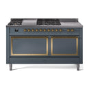Blue grey ILVE dual-fuel range with brass-trimmed burners and solid oven doors