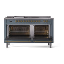 Blue grey ILVE dual-fuel range with two open ovens showing racks and heating elements