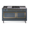 ILVE Nostalgie II Noblesse 60-Inch 5.8 Cu. Ft. Dual Oven Natural Gas Dual Fuel Range with 7 Burners, Griddle, French Top and Solid Door in Blue Grey with Brass Trim (UN60FSQNMPBGG)