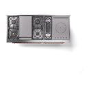 Built-in view of blue grey cooktop with multiple burners and copper accents