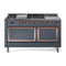 ILVE Nostalgie II Noblesse 60-Inch 5.8 Cu. Ft. Dual Oven Propane Gas Dual Fuel Range with 7 Burners, Griddle, French Top and Solid Door in Blue Grey with Copper Trim (UN60FSQNMPBGPLP)