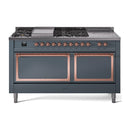 Blue grey dual-fuel range with copper-trimmed doors and 7 sealed burners