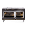 Glossy black dual fuel range with both oven doors open, showing interior racks