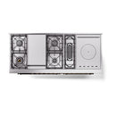 Dual fuel range top view showing burner layout and French top section in black