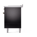 Glossy black oven door with bronze handle and side trim on dual fuel range