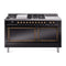 ILVE Nostalgie II Noblesse 60-Inch 5.8 Cu. Ft. Dual Oven Propane Gas Dual Fuel Range with 7 Burners, Griddle, French Top and Solid Door in Glossy Black with Burnished Bronze Trim (UN60FSQNMPBKBLP)