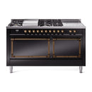 Black dual-fuel range with bronze-trim control knobs and sealed burners