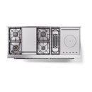 Top view of black range with burners, French-top center, and chrome burner grates.