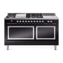 Glossy black dual-fuel range with chrome-trimmed oven doors and sealed burners.